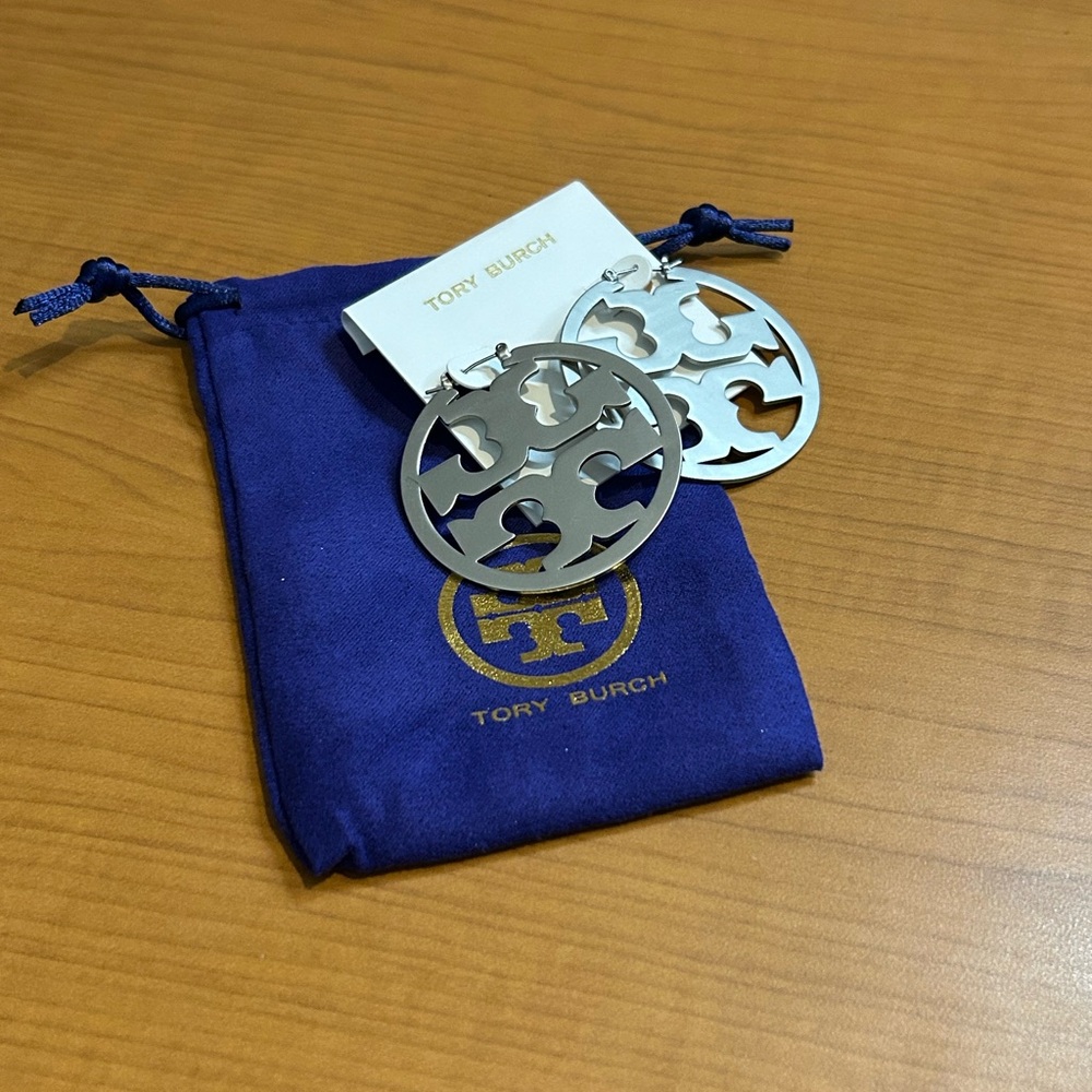 Tory Burch Silver Cutout Logo Earrings